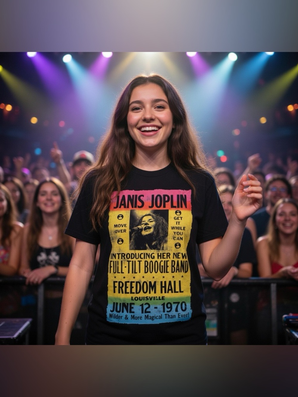 Janis Joplin Graphic Tee Black Pink Yellow Blue Rock Band Shirt Women’s Medium